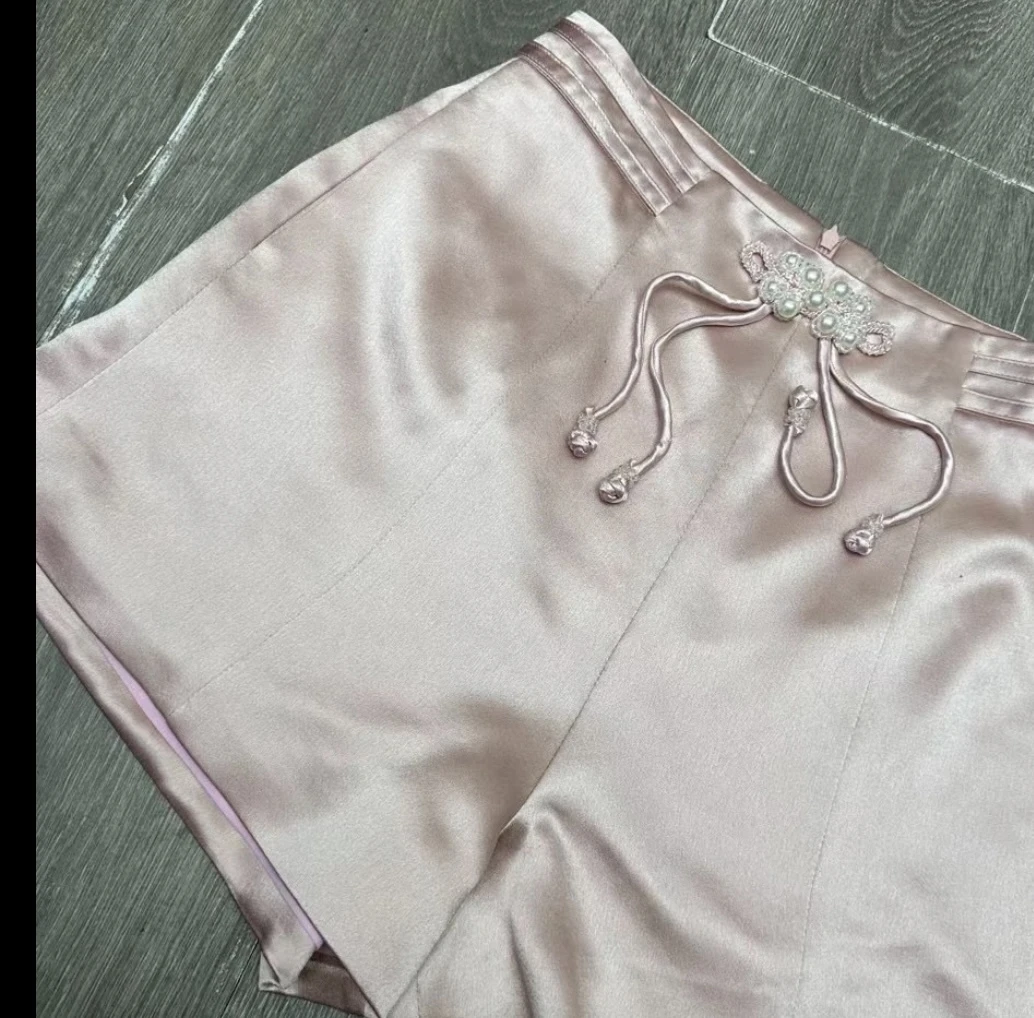 【微姐推荐】夏季新中式醋酸缎面小香风高腰阔腿短裤