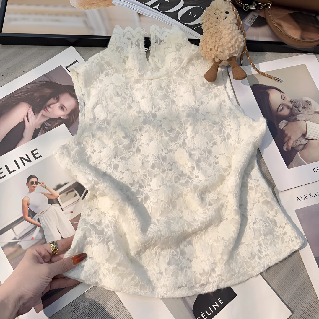 【晓溪服饰】春季新款无袖显瘦立领短款气质时尚修身蕾丝衫女6001-1