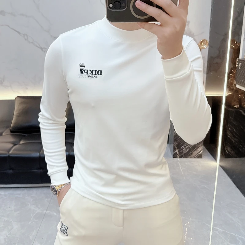 2025秋冬新款男士打底衫体恤时尚字母印花百搭圆领加绒加厚卫衣潮
