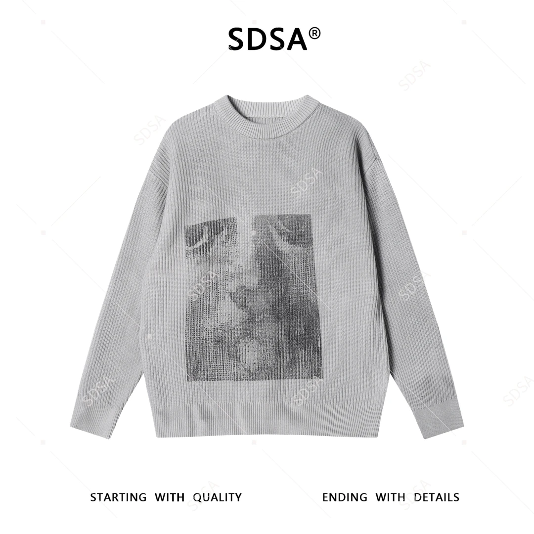 SDSA男士秋冬新款痞帅男装潮牌美式撞色印花圆领毛衣休闲简约上衣