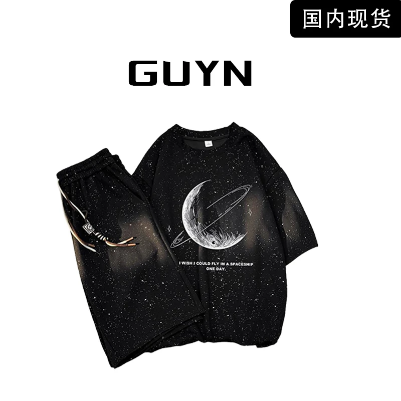 【品牌现货】GUYN时尚满天星短袖韩版休闲运动套装男短裤印花T恤