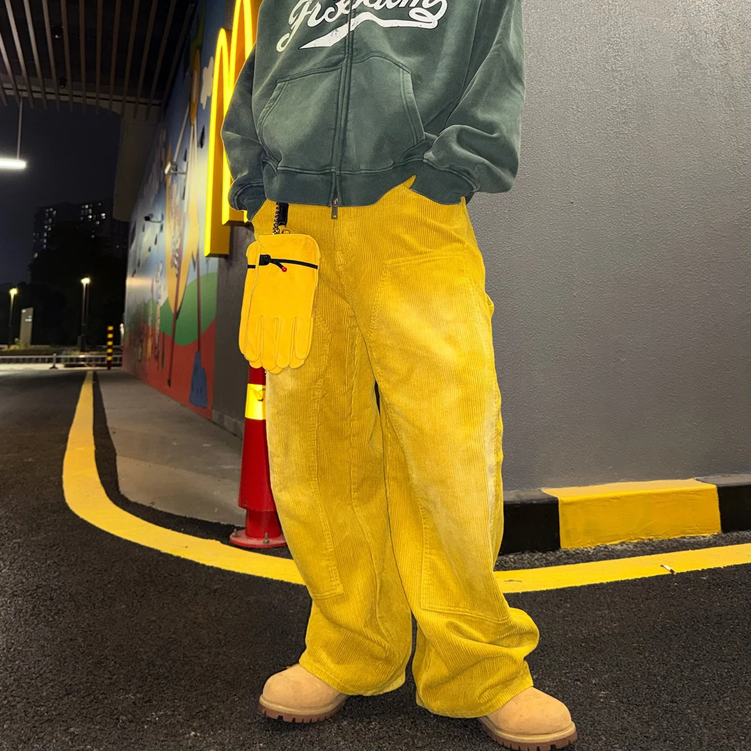A【灯芯绒】春季潮流复古洗旧伐木阔腿弯刀裤宽松伐木直筒裤男女