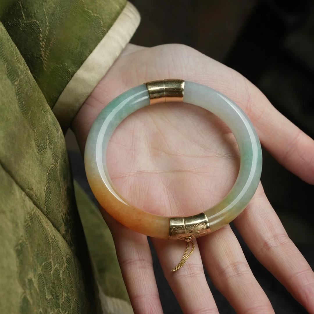 【福禄】老翡翠黄加绿开口手镯时尚复古原镶美人镯精美