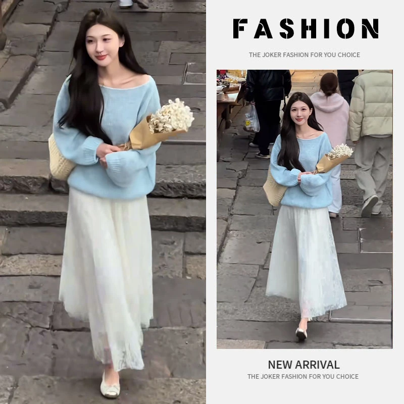 早春时尚一整套女装2025新款韩系百搭针织衫上衣高腰半身裙两件套