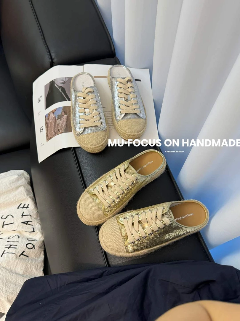 MU幕-24新款法式包头小众亮片麻绳编织一脚蹬平底单鞋8585-1