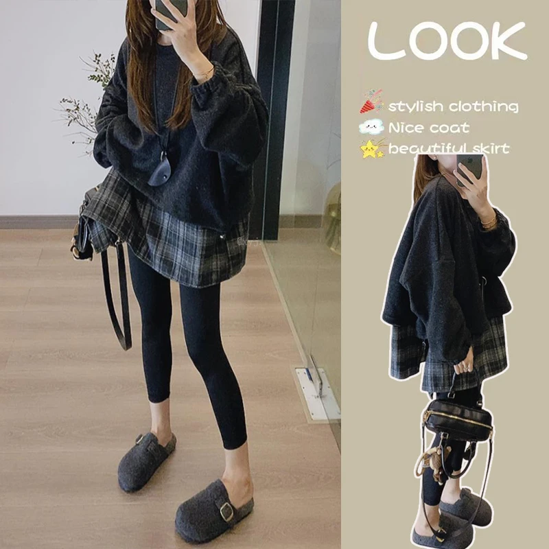 秋季流行穿搭一整套2025新款时尚拼接假两件衬衫显瘦鲨鱼裤两件套