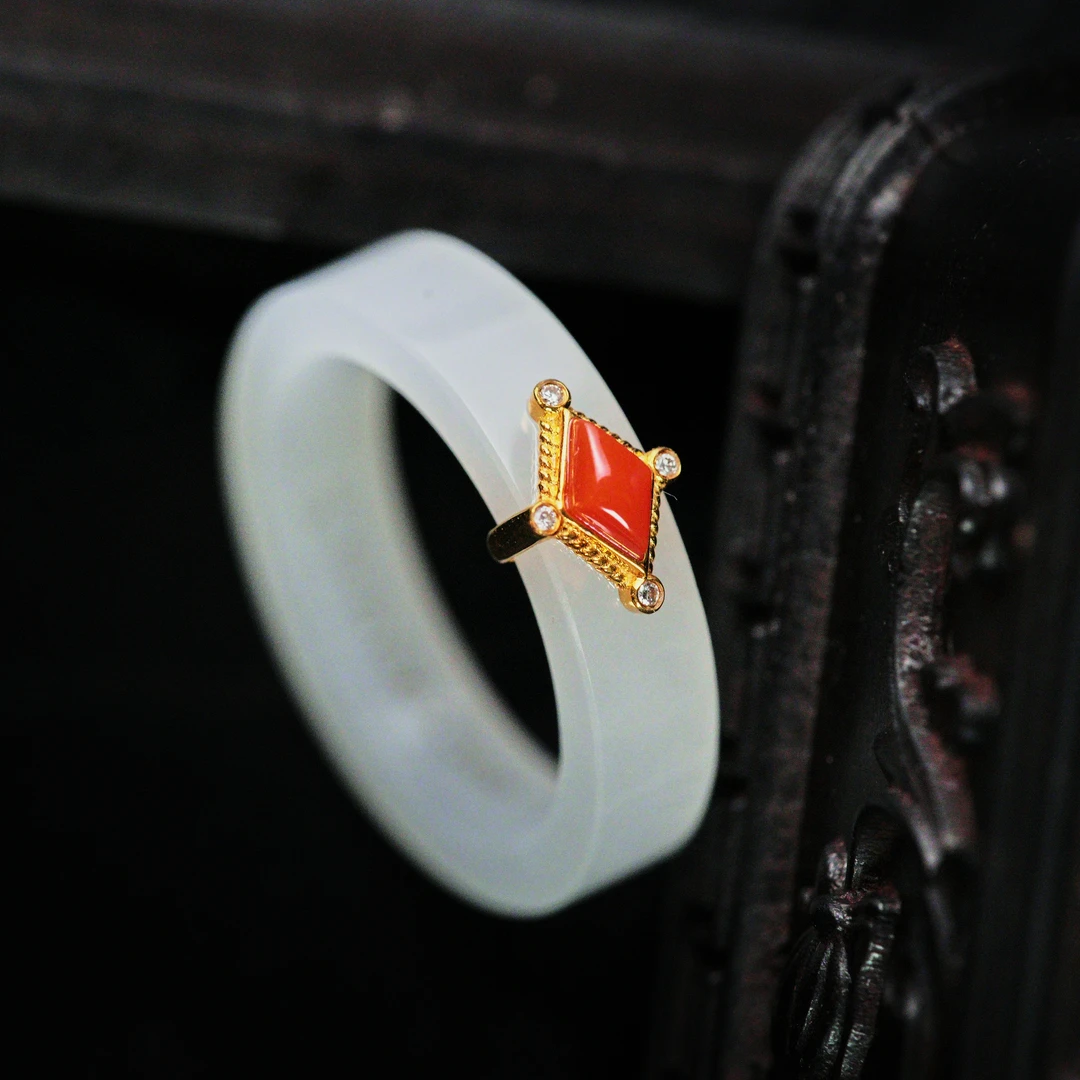 【诗蓉】鸿云·高定和田玉脂白料18K金戒圈AJ0744