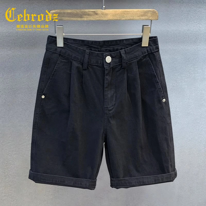 法国Cebrodz棉黑色牛仔短裤男士宽松五分裤夏季美式休闲男士短裤