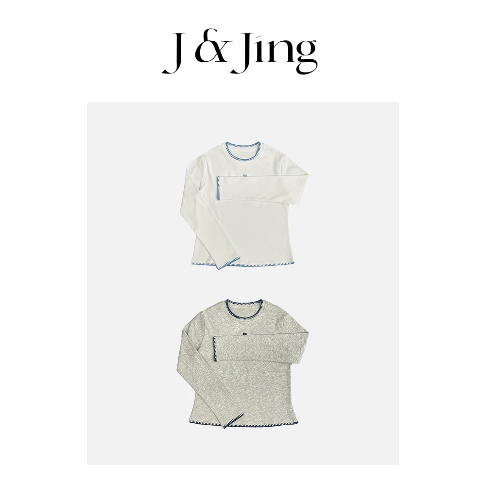 J&Jing-「逗号，逗号」-立体刺绣磨毛花边领修身T恤XW91310