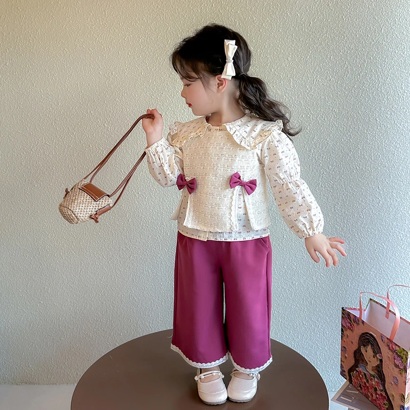 女童蝴蝶结三件套时髦2025新款儿童洋气女宝宝时尚套装甜美小女孩