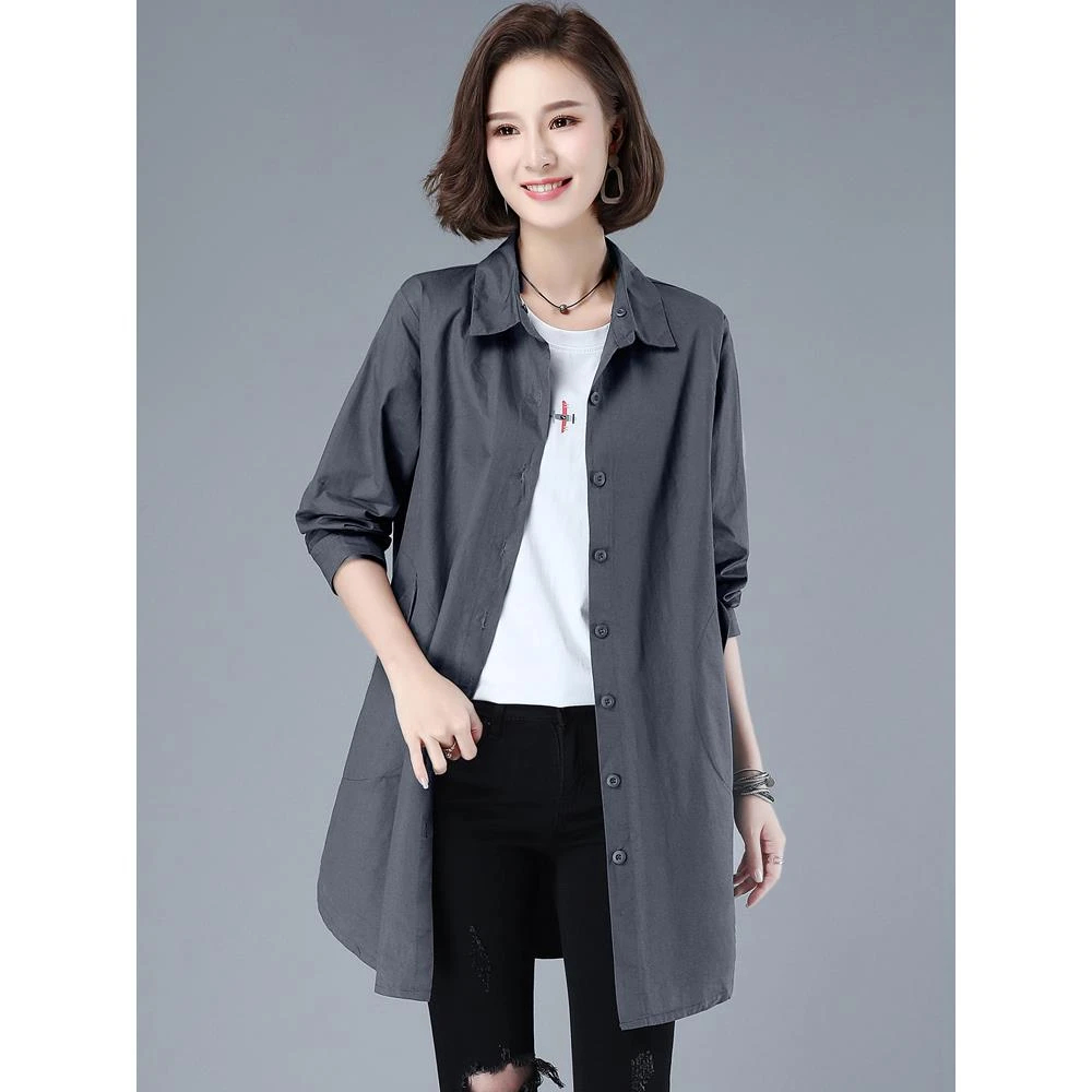 衬衫外套女春秋中长款2025新款春装宽松大码外披中年妈妈纯棉上衣