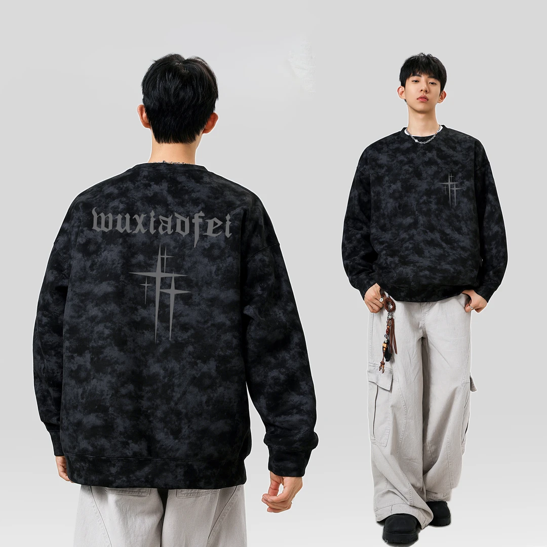 【高品质】国潮重磅卫衣春秋2025新款圆领扎染印花宽松套头爆款潮牌