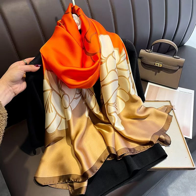 长巾山茶花180*80云锦缎长巾