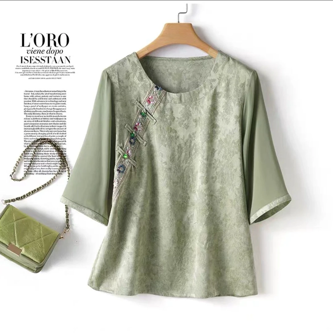 苏杭真丝国风雅韵古典中式2025夏新款圆领提花垂感上衣宽松衬衫女