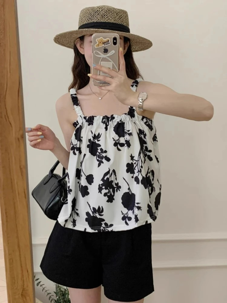 吊带背心2025夏装新款女装时尚减龄度假风短款方领多巴胺印花上衣