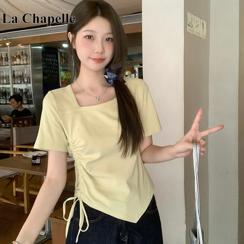 拉夏贝尔抽绳正肩短袖女t恤大码胖mm显瘦不规则褶皱收腰短款上衣