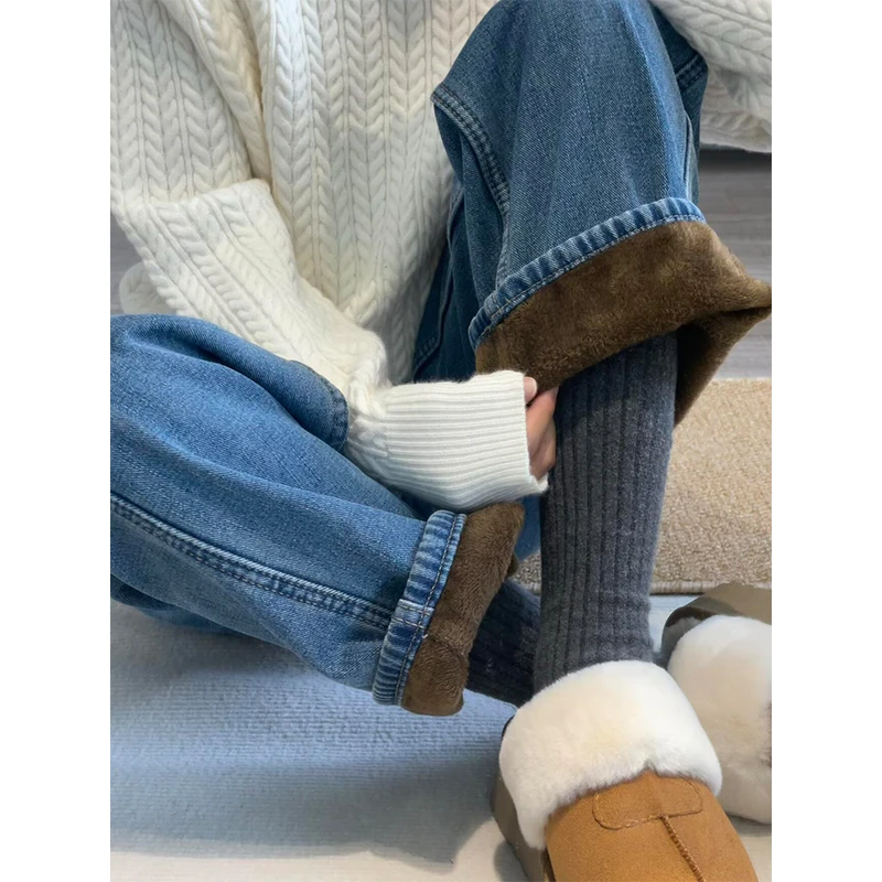 复古蓝窄版直筒牛仔裤女爆款2025秋冬新款加绒加厚遮肉显瘦阔腿裤