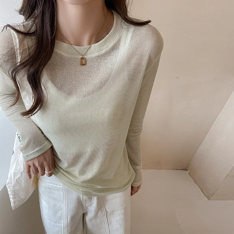夏季宽松微透罩衫女圆领显瘦长袖t恤纯色空调衫性感基础上衣