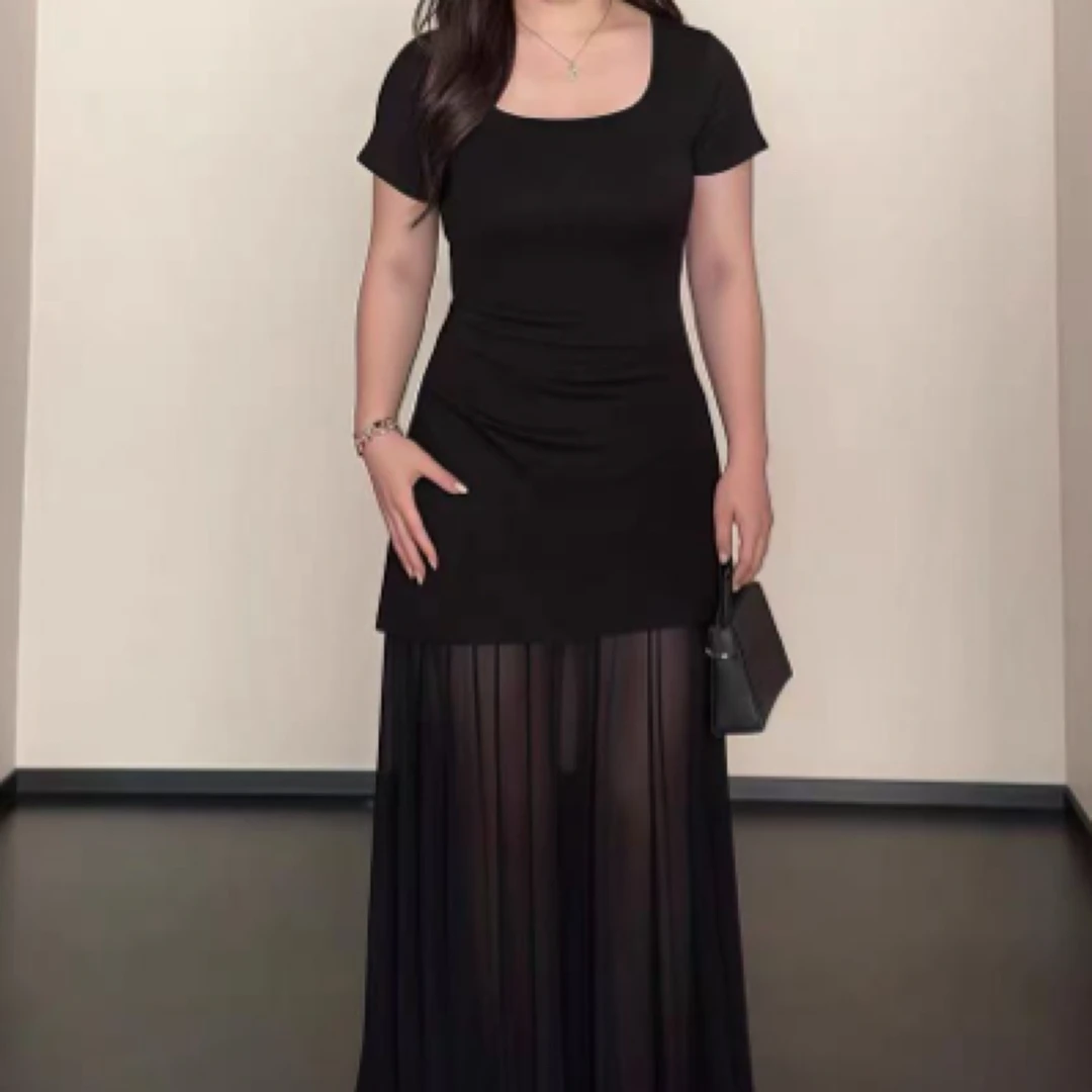 大码胖MM法式复古轻熟风修身显瘦方领网纱拼接气质连衣裙女2025夏