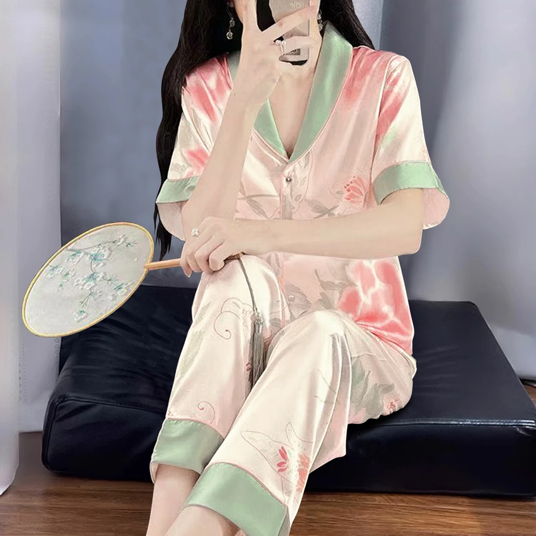 韩版荷花中式甜美碎花2025新睡衣女夏季冰丝短袖长裤开衫家居服