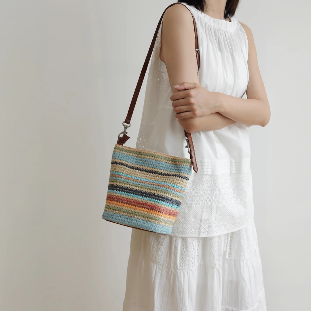 彩虹草编包水桶包托特包帆船包女度假风彩虹编织夏日轻便斜挎包