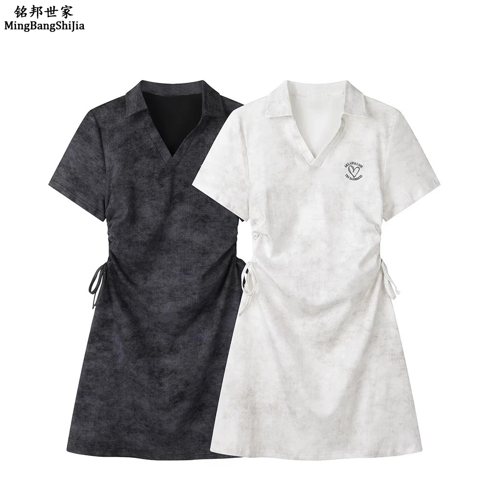 夏季新款小众polo领扎染短袖连衣裙抽褶显瘦遮肉百搭学院风裙子女