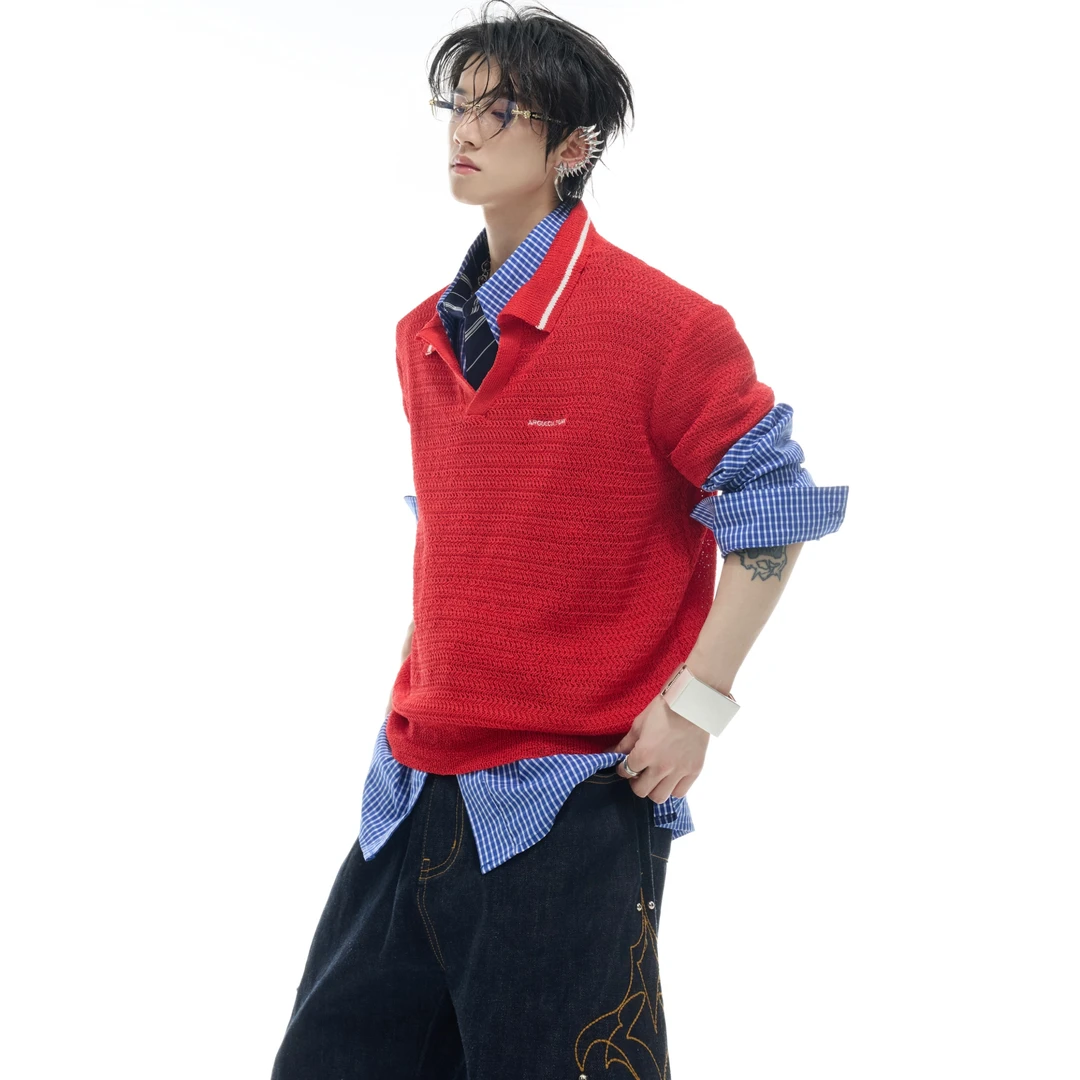 ArguE CulturE 小众撞色竖纹肌理Polo衫短袖螺纹拼接设计针织衫夏
