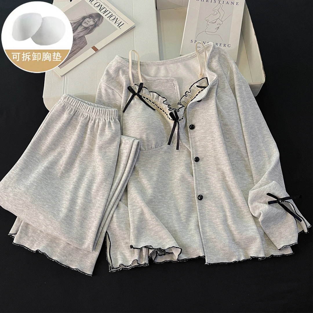 韩系睡衣女新款春秋季带胸垫绵羊绒吊带灰色长袖休闲三件套家居服