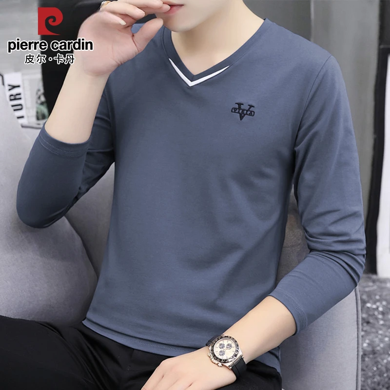 皮尔卡丹长袖t恤男士V领春秋季潮牌体恤韩版修身打底衫休闲上衣男