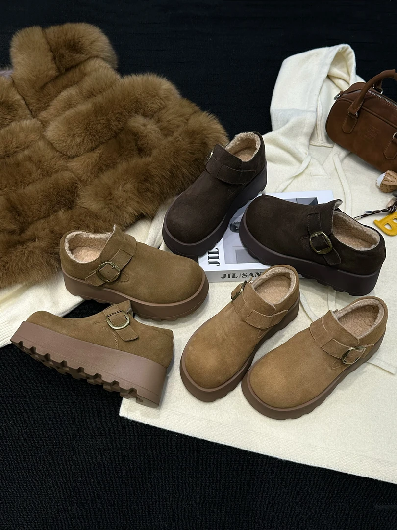 CD跟高5.8cm皮毛一体冬季新款加绒勃肯鞋鞋子百搭增高圆头鞋6-967