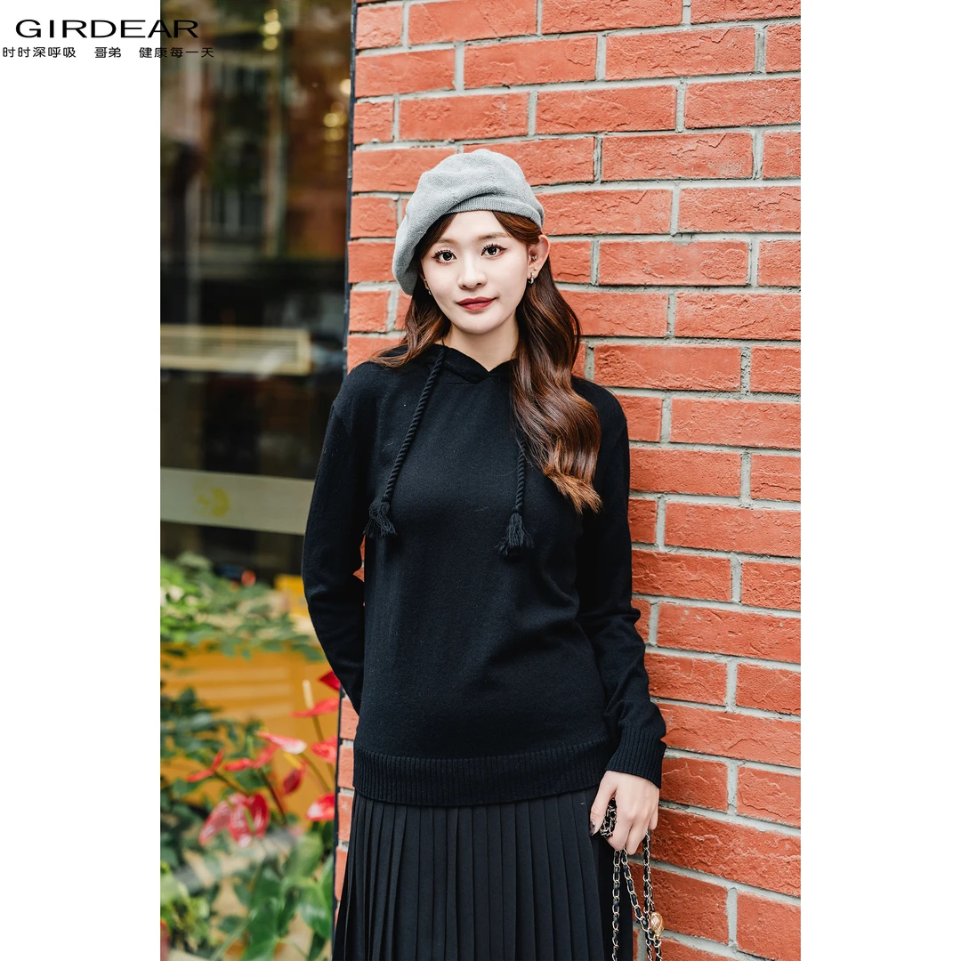 GIRDEAR/哥弟秋冬新款简约通勤连帽抽绳羊毛长袖针织卫衣 1399643