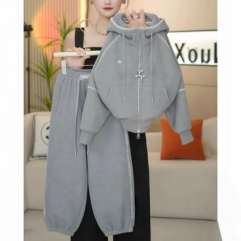 女童加绒卫衣开衫卫裤套装秋冬2025新款奥粒一体绒加厚外套运动潮