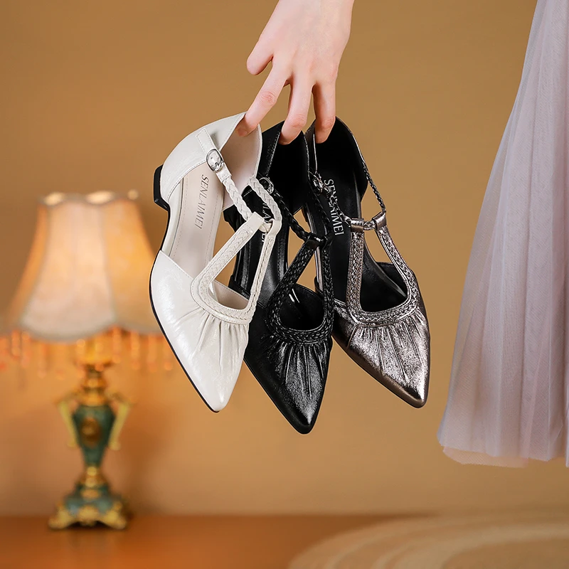 头层羊皮/内增高3公分/34-40/9385编织一字带粗跟包头罗马凉鞋