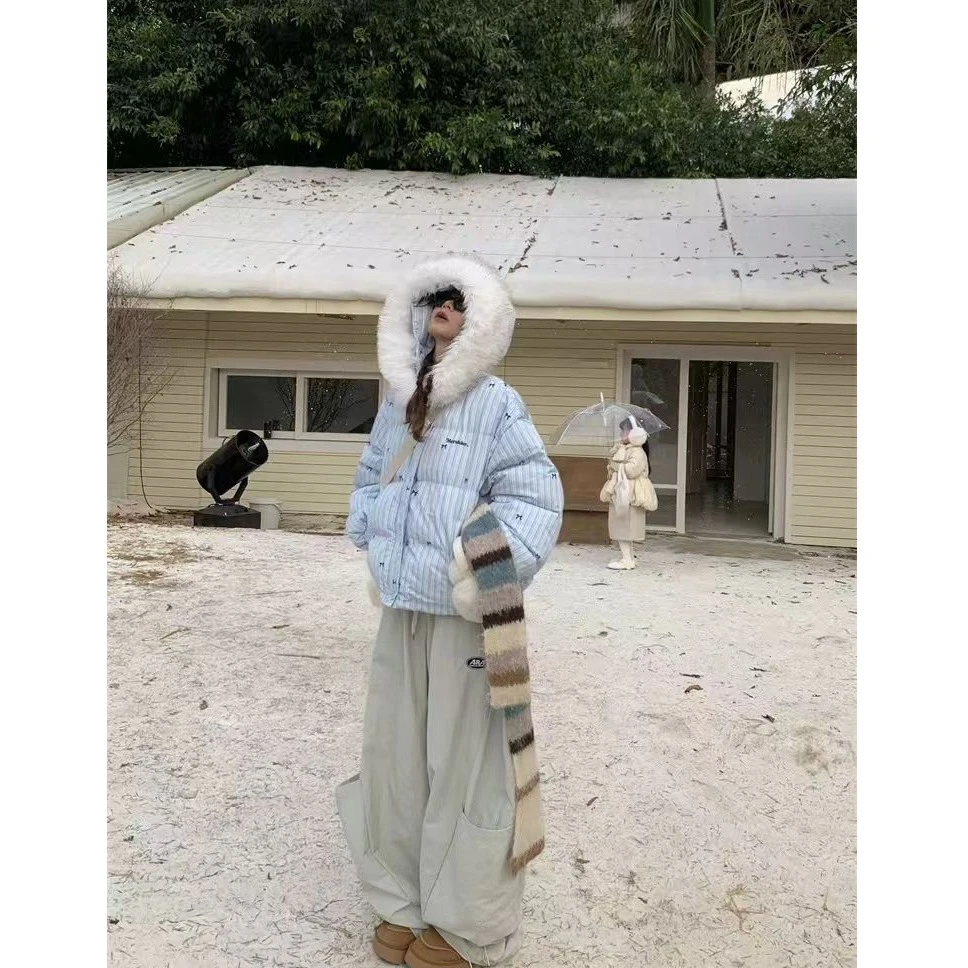 韩系蓝色粉色蝴蝶结毛领连帽棉服2024年冬季新款条纹短款棉衣
