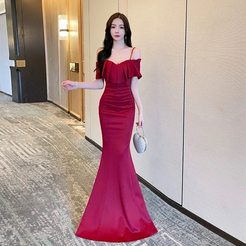 修身长裙礼服高腰一字肩长裙摆吊带短袖连衣裙晚礼服开叉包臀显瘦