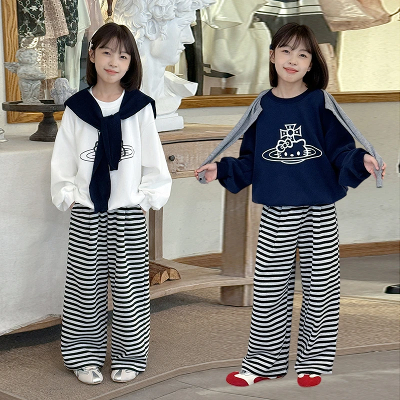 女童2025新款秋季款时尚中大童披肩条纹裤子休闲百搭洋气两件套装