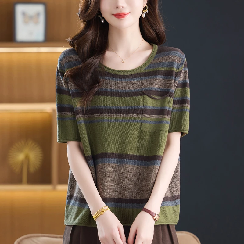 条纹针织衫女夏装2025新款大码短袖T恤宽松显瘦遮肉薄款洋气上衣