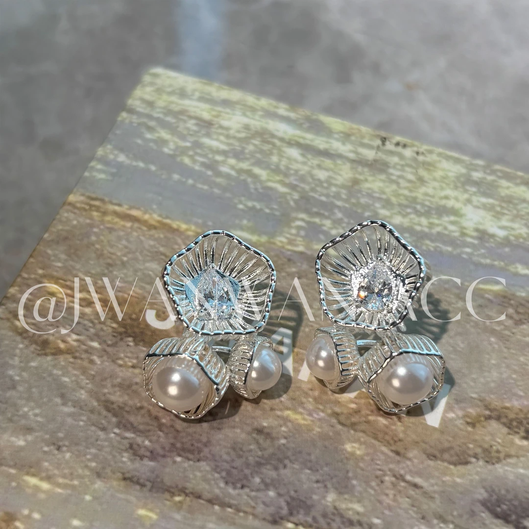 铜合金耳饰 巴厘海岸.贝壳造型海珠立体法式耳环