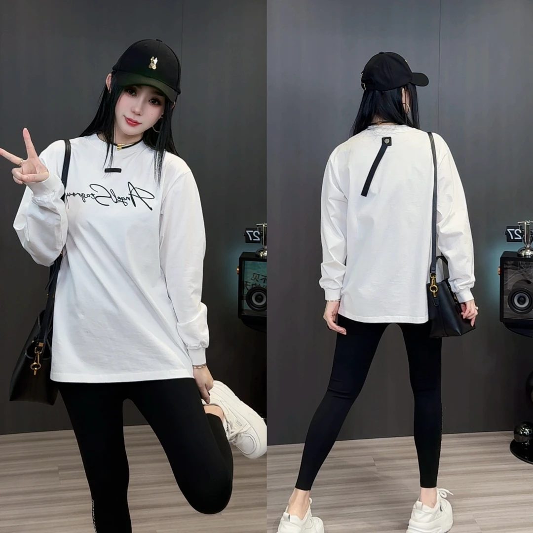 花体字母长袖T恤女2025早春新款圆领套头螺纹简约宽松上衣欧洲站j