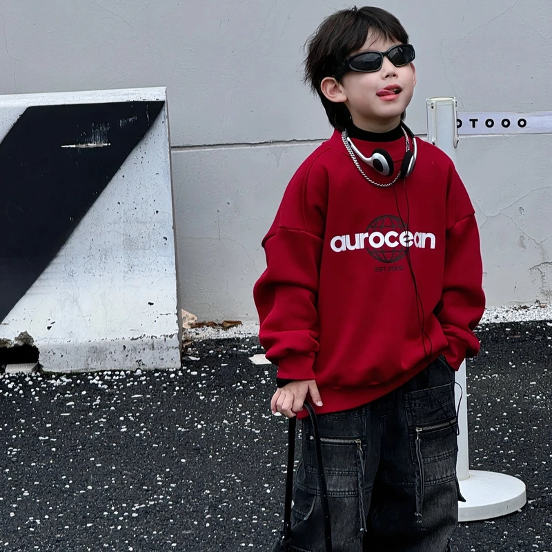 2026春秋新款韩版男童时尚百搭字母印花套头中大童加绒卫衣儿童潮