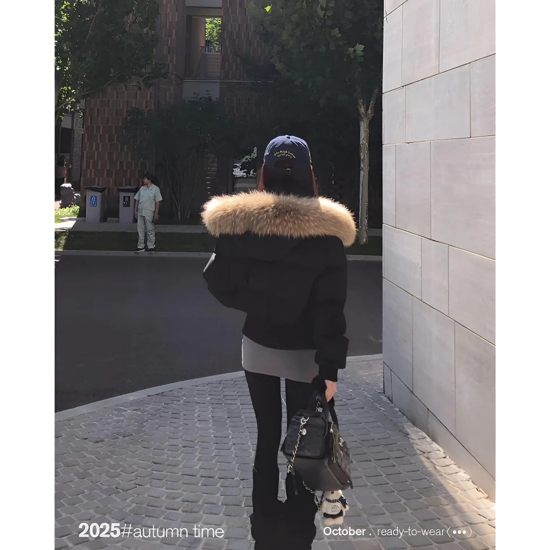 SUNONEONE 貉子毛领连帽短款羽绒服女冬韩系加厚保暖外套H1483W