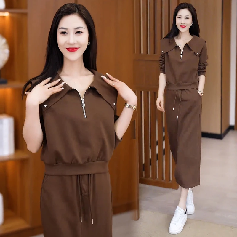 休闲卫衣套装裙女2025年春秋新款宽松显瘦中长款开叉半身裙两件套