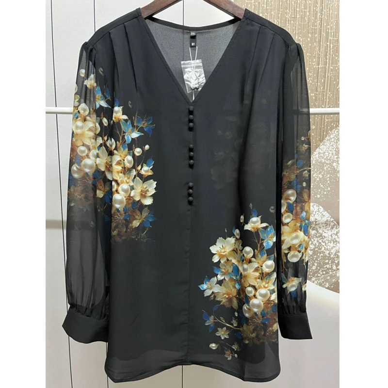 5577大码女装春秋新款衬衫200斤宽松v领小衫百搭长袖小衫上衣衬衣