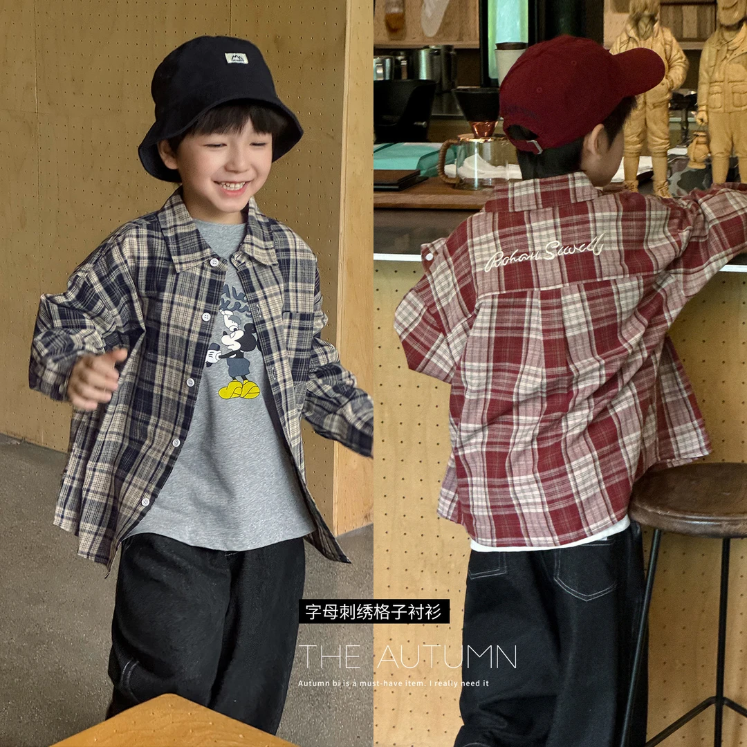 棉小班童装秋季新款中小童洋气字母刺绣格子儿童衬衫潮AQ5040