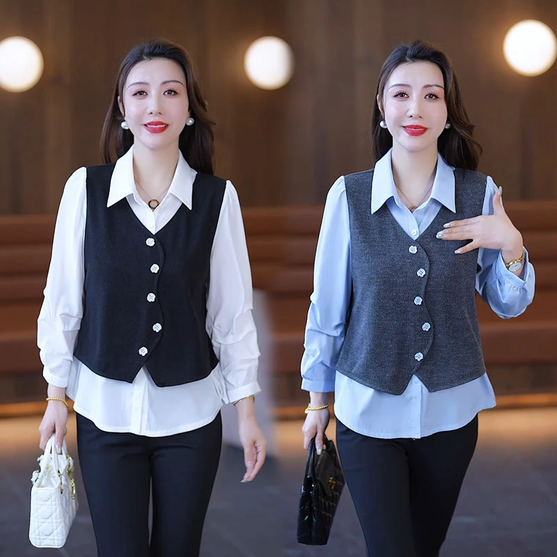 假两件衬衫2025春季衬衣时尚显瘦百搭气质假两件长袖拼色衬衫