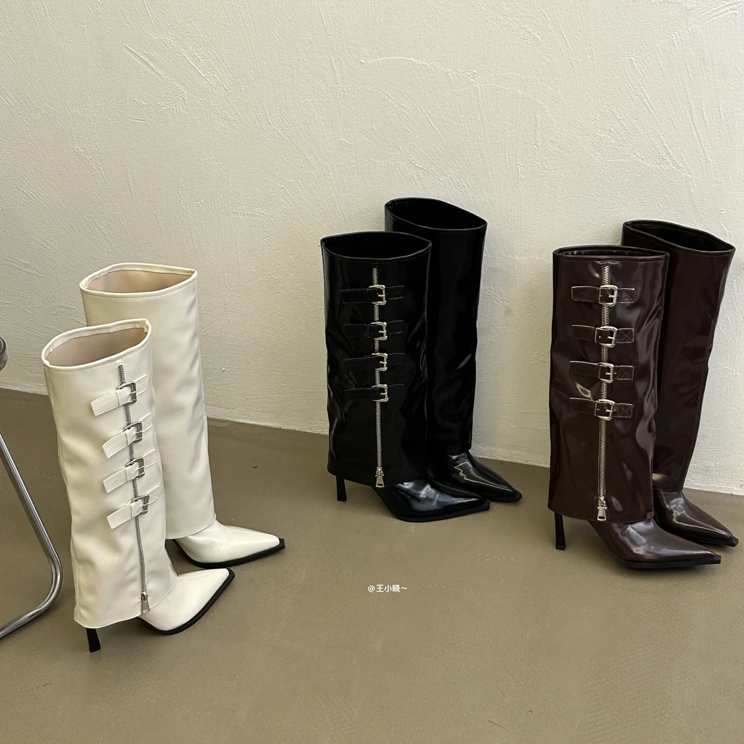 尖头细跟长筒靴女2025年秋冬新款皮带扣时尚高跟鞋显瘦百搭裤管靴