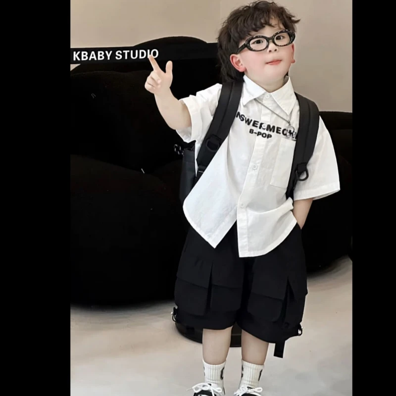 男童夏季新款短袖衬衫工装短裤两件套装2025时尚宝宝韩版黑色短裤