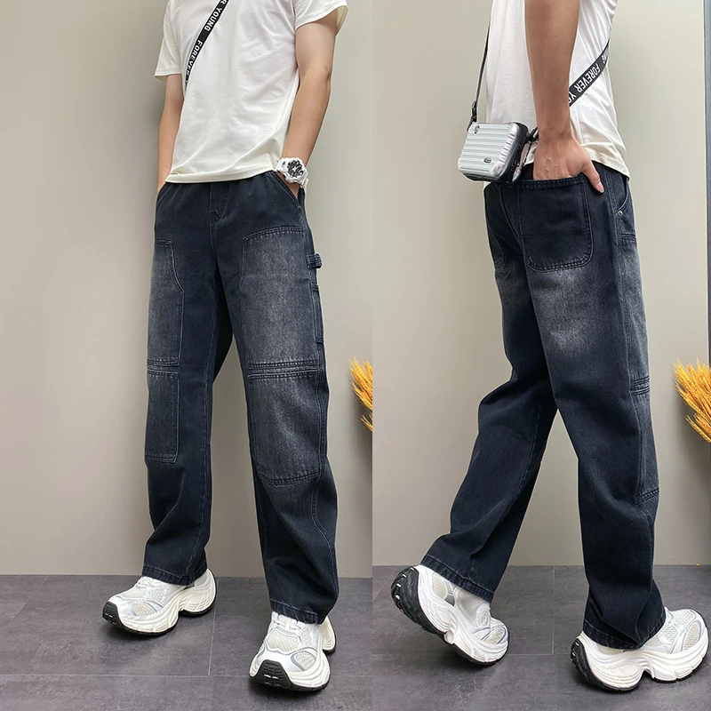 潮牌2025春秋新款拼接水洗直筒牛仔裤士宽松时尚百搭阔腿弯刀裤