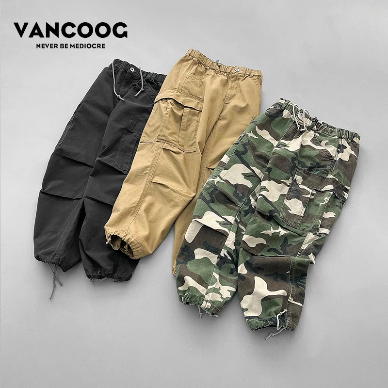 VANCOOG美式潮牌水洗复古哈伦休闲裤宽松多口袋迷彩直筒工装裤男