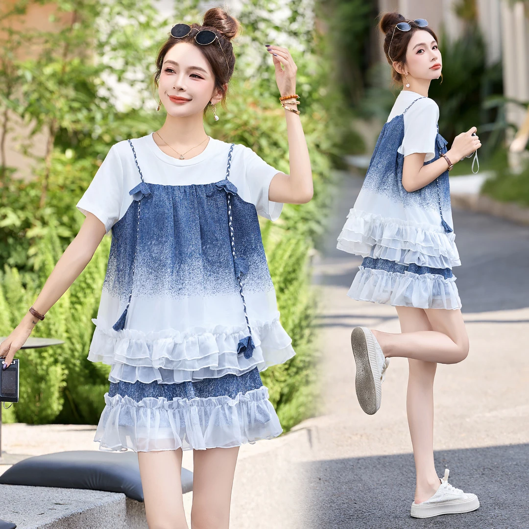 法式小众度假风套装裙女2025夏新款小个子渐变吊带上衣短裙两件套